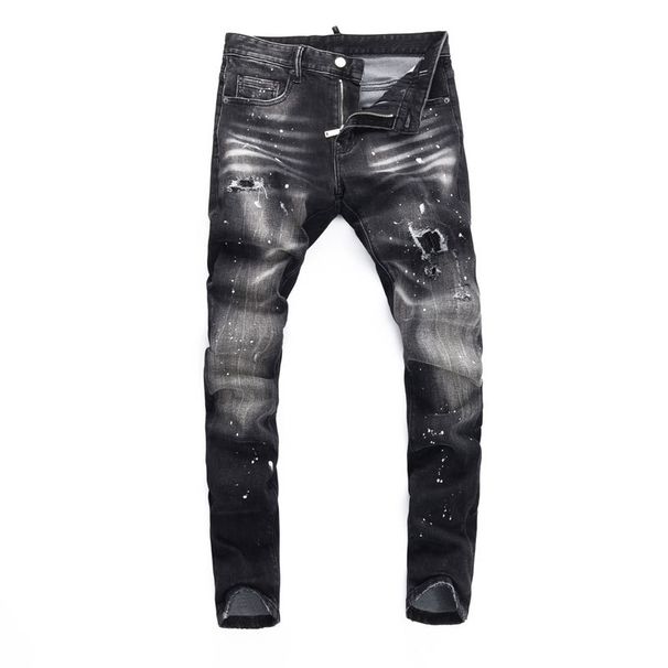 Men's Clothing Fashion Street Jeans Distressed Black And Gray Washed Holes Patches Paint Micro Bounce Slim Fit Skinny Jeans Men's Trend_mkmklike.com