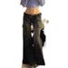 ELLE Black Low Waist Skinny Multi-Pocket Flared Cargo Jeans For Women Spring Autumn Draped Narrow Version Bootcut_mkmklike.com