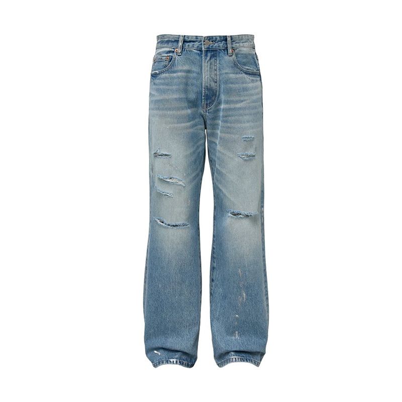 Hand-Brushed Silver Washed Distressed Ripped Jeans - Cleanfit Straight Leg Bootcut With Whiskering_mkmklike.com