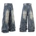 Streetwear Vintage Washed Distressed Jeans For Men - High Waisted Relaxed Fit With Artful Pleats & Long Hem_mkmklike.com