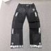 Men's Clothing Menswear Trendy Patchwork Distressed Washed Denim Cargo Pants With Hand Painted Details And US Embroidery._mkmklike.com
