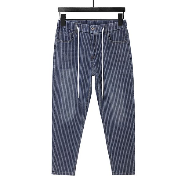 Spring And Summer New Large-size Men's Clothing Line Color Matching High-elastic Small Straight Jeans Men's Drawstring Waist Hard-grain Men's Pants_mkmklike.com
