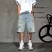 Men's Colorful Embroidered Loose Ripped Denim Shorts American Street Style Summer Trendy Wide Leg Straight Leg Five Point Pants_mkmklike.com