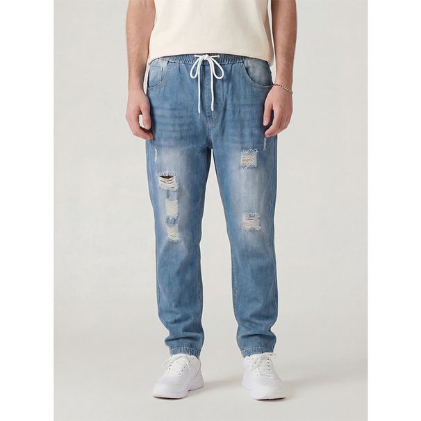 Men's Plus Size Ripped Jeans European American Style Tapered Cuffs Washed Effect Casual Trousers For Export_mkmklike.com