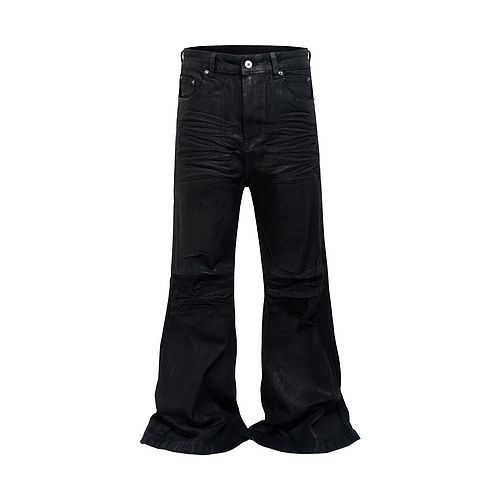 Men's Clothing High Street Waxed Coated Wide Leg Jeans With Ripped Patches Loose Flared Pants_mkmklike.com