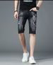 Men's Summer Embroidered Denim Shorts Trendy Straight Leg Stretch Ripped Casual Black Five Point Hot Item_mkmklike.com