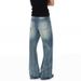 Men's High Street Washed Whiskered Flared Jeans Retro Unisex Vibe Stylish Floor Length Pants_mkmklike.com