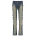 Women's Retro Distressed Patchwork Denim Jeans High Street Style Slim Fit Straight Leg Low Rise Trousers for Autumn_mkmklike.com