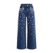 Women's Distressed Straight Leg Jeans Rhinestone Embellished Denim Pants Comfort Fit Stretch_mkmklike.com