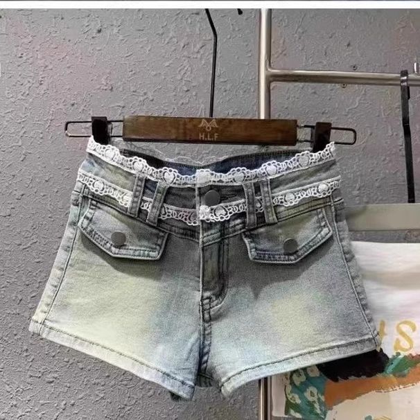 High-Waisted Slimming Denim Shorts for Women Lace Trim Bodycon Hot Pants Loose Fit Washed Style Perfect for Summer_mkmklike.com