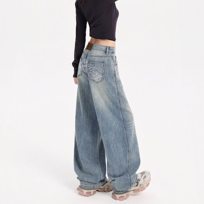 Light Blue Rhinestone Wide Leg Jeans Heavy Duty Loose Fit Straight Leg Pants For Women Spring/Autumn Regular Size Polyester_mkmklike.com
