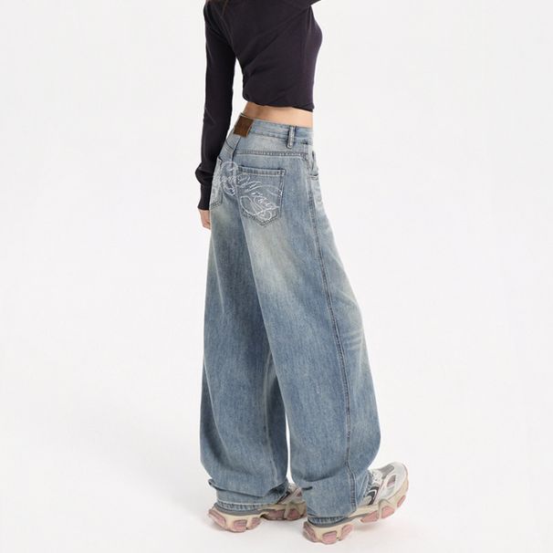 Light Blue Rhinestone Wide Leg Jeans Heavy Duty Loose Fit Straight Leg Pants For Women Spring/Autumn Regular Size Polyester_mkmklike.com