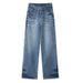 Spring Summer Blue Washed Straight Leg Jeans For Men And Women, Distressed Texture, High Waist, Loose Fit, Wide Leg,_mkmklike.com
