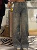Vintage Distressed Denim Jeans - Rhinestone Embellished Wide-Leg Pants With Raw Hem For Women_mkmklike.com