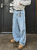Vintage Baggy Straight Leg Jeans For Men - Retro Streetwear Denim Pants With Stripes, High Waist, Loose Fit, Washed Blue & Black (S-XXL)_mkmklike.com
