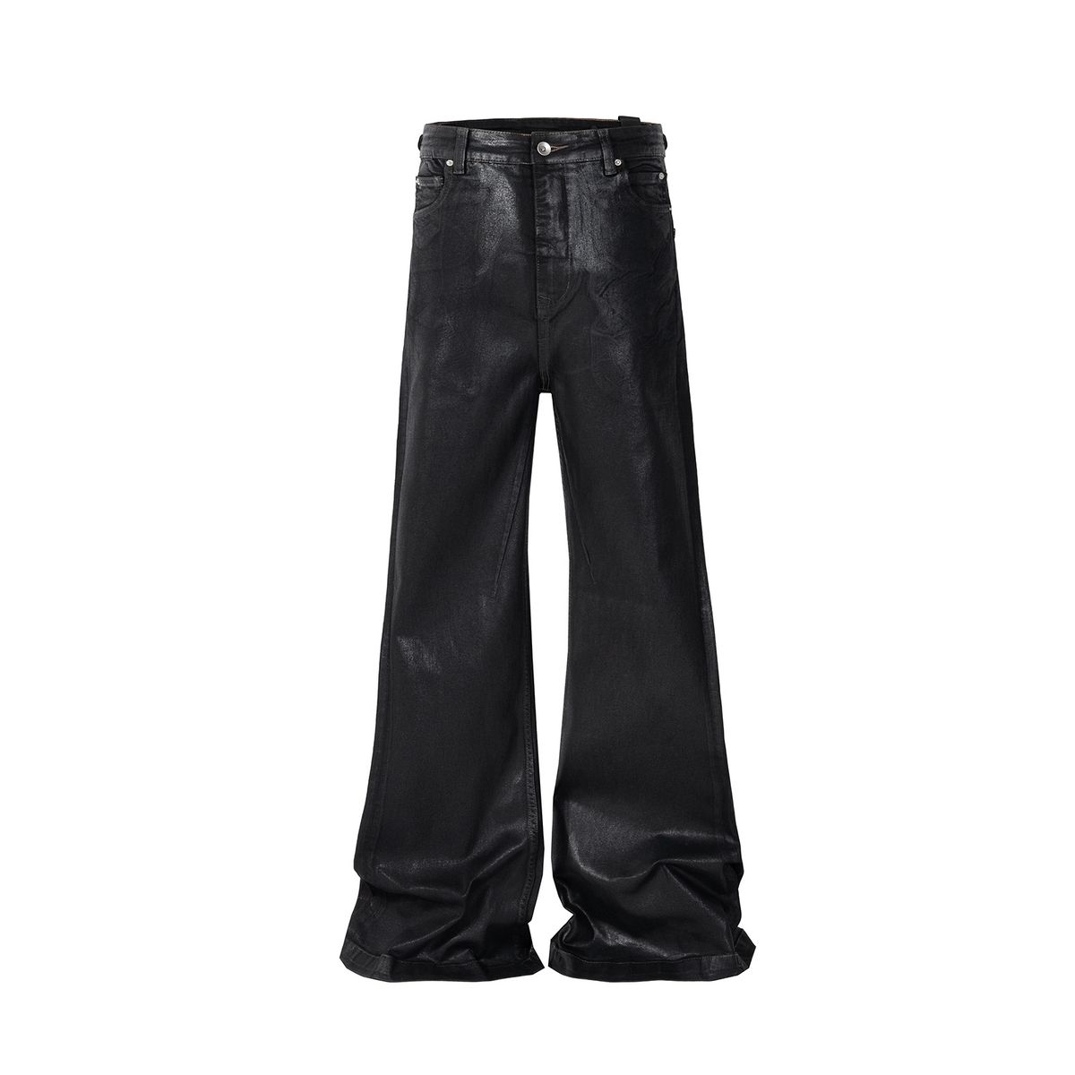 Gothic Waxed Coated Flared Jeans For Men – Y2K Streetwear Stacked Hem Wide-Leg Pants With Ribbon Accents (High Waist, Black, Distressed Finish)_mkmklike.com