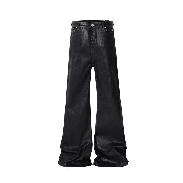 Gothic Waxed Coated Flared Jeans For Men – Y2K Streetwear Stacked Hem Wide-Leg Pants With Ribbon Accents (High Waist, Black, Distressed Finish)_mkmklike.com