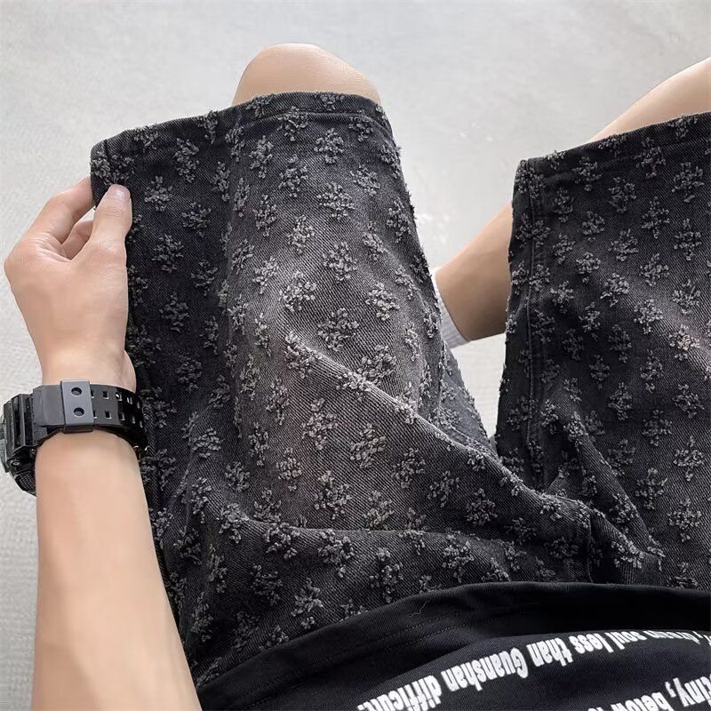 Men's Retro Trendy Distressed Denim Shorts Loose Straight Leg Five Point Jacquard Pants American Niche Trendy Brand_mkmklike.com