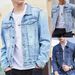 Men's Denim Jacket With Floral Print, Loose Fit Casual Long Sleeve Shirt Coat For Spring & Autumn, Youth Trendy Open Front Coat_mkmklike.com