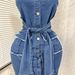 Women's Slim Fitting Denim Dress Tube Top Single Breasted Long Skirt With Raw Edges Double Pockets Lace-Up Hip Wrapped Sexy Summer American Style_mkmklike.com