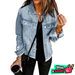Vintage Wash Denim Jacket For Women, Non-Stretch V-Neck Long Sleeve Casual Coat In Light Blue, Dark Blue & Retro Blue_mkmklike.com