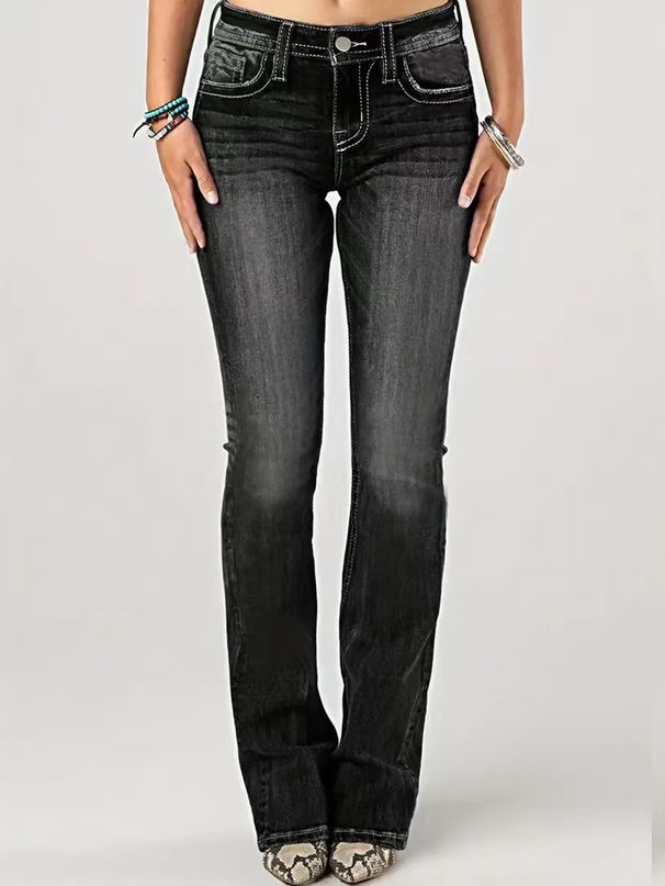 Women's Clothing Casual Pocket Embroidery Flared Jeans_mkmklike.com