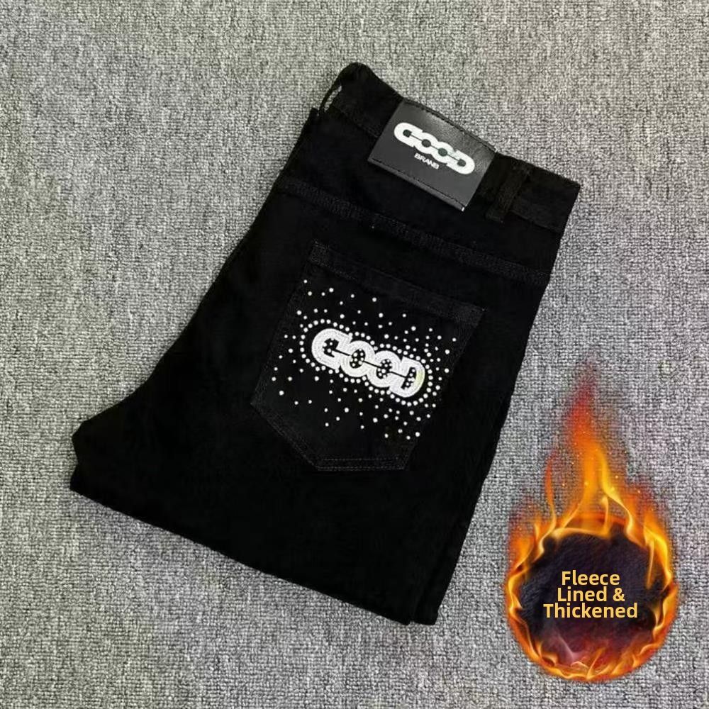 Men's Fleece-Lined Slim Straight Leg Jeans With "GOOD" Embroidery - Trendy Winter Denim Pants For Casual Style_mkmklike.com