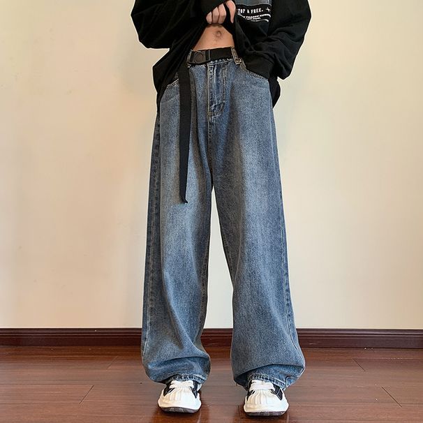 Nordmann American Retro Style Belt Jeans For Men National Trend Oversize High Street Vibe Loose Straight Long Pants_mkmklike.com