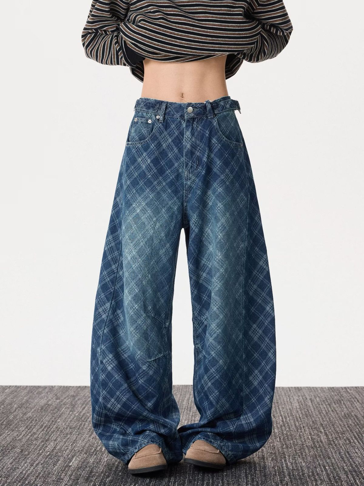 Unisex Vintage Indigo Houndstooth Blade Jeans - 90s Retro Wide-Leg Streetwear Pants With Asymmetrical Cuts_mkmklike.com