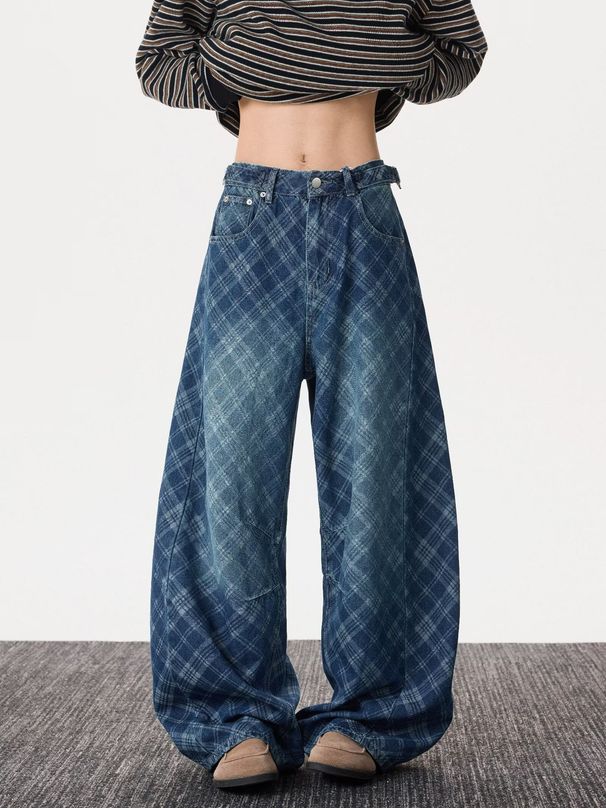 Unisex Vintage Indigo Houndstooth Blade Jeans - 90s Retro Wide-Leg Streetwear Pants With Asymmetrical Cuts_mkmklike.com