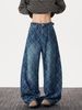 Unisex Vintage Indigo Houndstooth Blade Jeans - 90s Retro Wide-Leg Streetwear Pants With Asymmetrical Cuts_mkmklike.com
