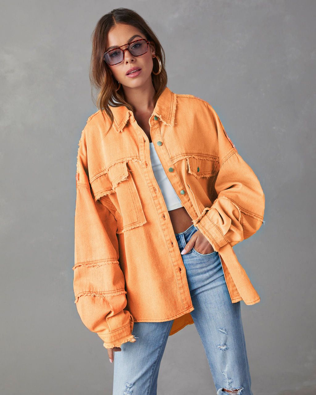 Distressed Denim Jacket Women's Oversized Workwear Coat With Raw Hem & Patchwork Design, Comfortable Casual Streetwear For Fall_mkmklike.com