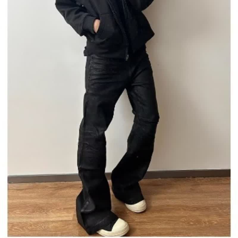 Men's Distressed Waxed Coated Biker Jeans With Armor-Paneled Knee & Asymmetrical Pleats - Oversized Wide-Leg Streetwear Pants_mkmklike.com