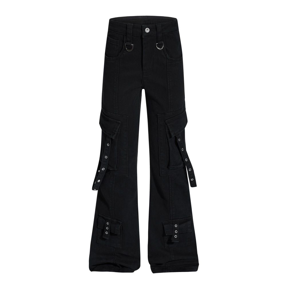 American High Street Vibe Style Flared Men's Niche Design Sense Tie Multi-Pocket Cargo Jeans Long Pants_mkmklike.com