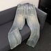 Men's Clothing Retro Blue Lightning Wash Jeans – Semi-Stretch, American Heavy-Distressed, Straight Bootcut With Knife-Pleat Detail_mkmklike.com