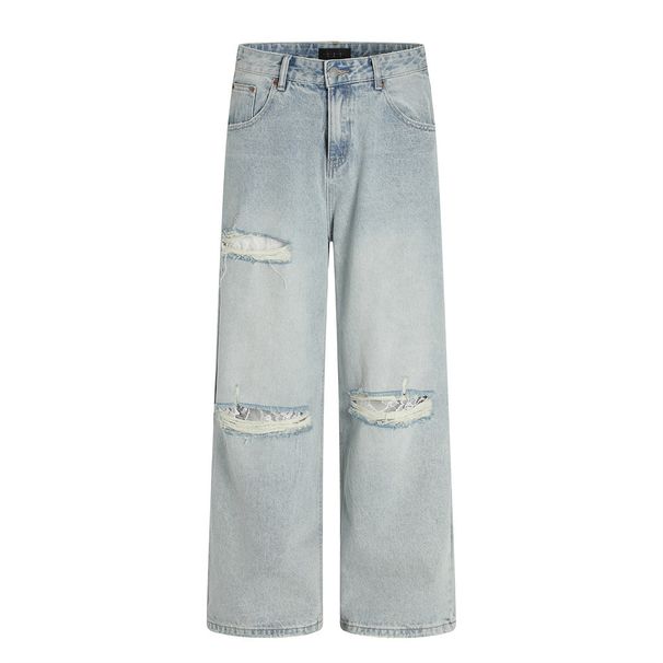 Punk Light Washed Ripped Jeans American Style Distressed Loose Wide-Leg Straight Long Pants Men's Fashion Trend_mkmklike.com