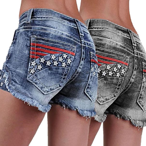 Women's Fashion Embroidered Denim Shorts European American Style Hot Selling Elastic Patch Ripped Shorts_mkmklike.com