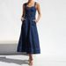 New Soft Denim Camisole Vintage Casual Style Button Denim Dress Long Skirt_mkmklike.com