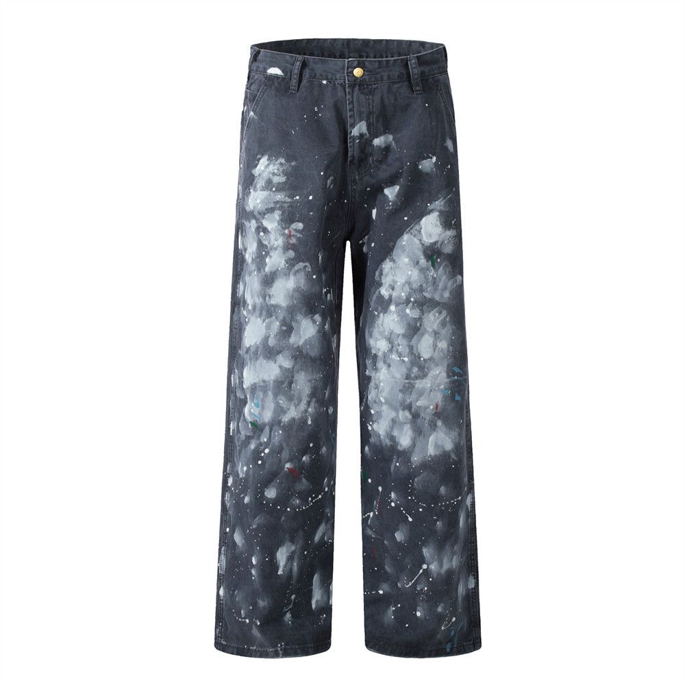 Street Style Punk Graffiti Paint Splatter Men's Loose Casual Niche Design Wide-Leg Straight Pants_mkmklike.com