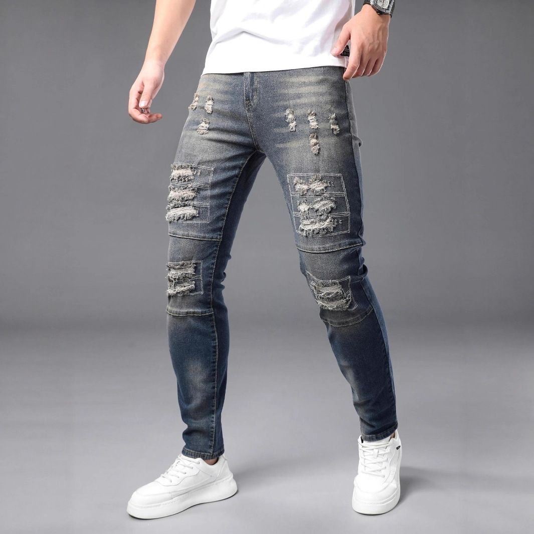 Cross-Border High-End Foreign Trade Jeans Blue Gradient Frayed Stretch Slim Fit Straight-Leg Washed Casual Men's Long_mkmklike.com
