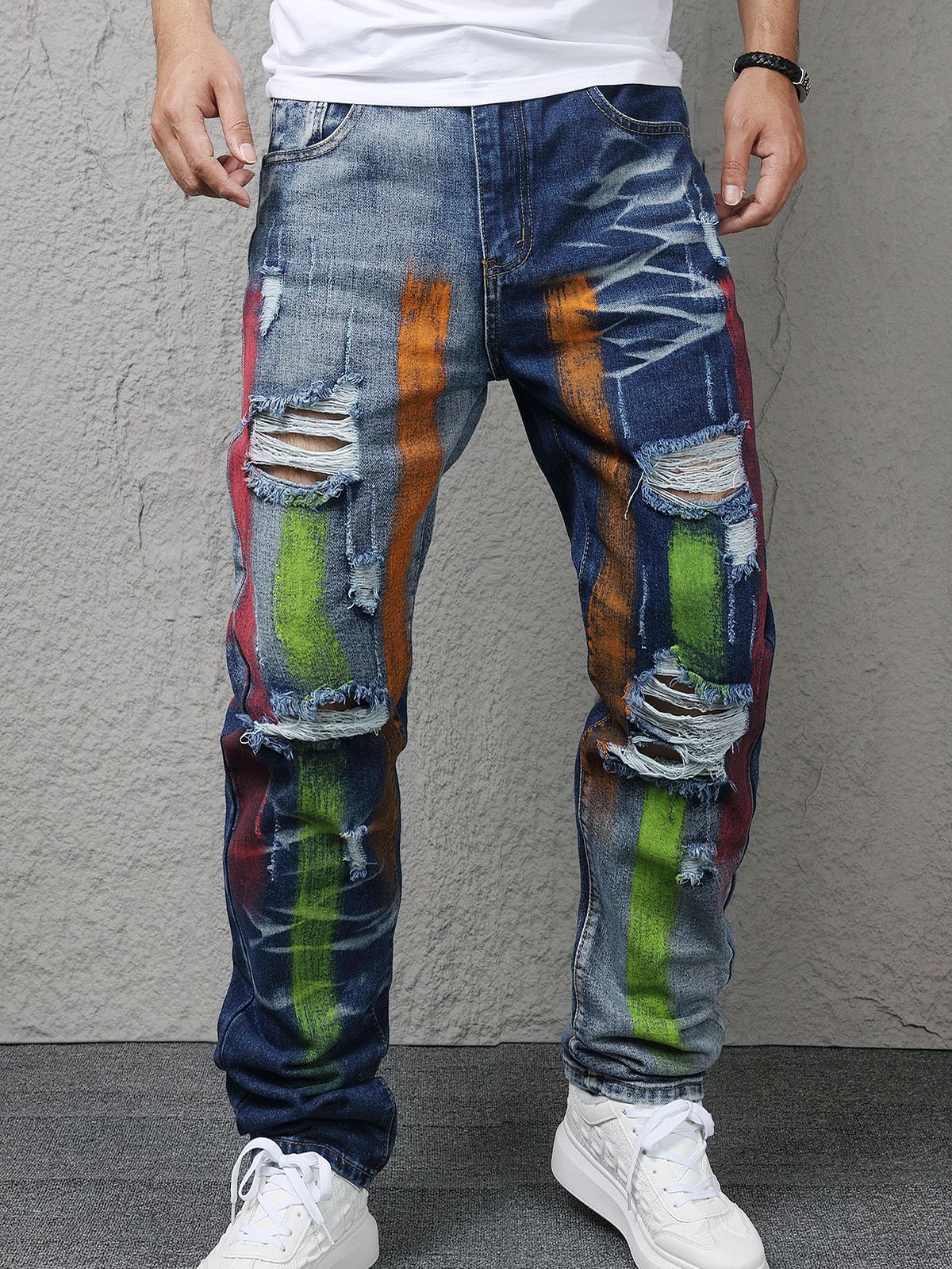 Men's Slim Fit Navy Blue Distressed Jeans – Premium Washed Denim With Handmade Paint Splatter & Knee Rips For Streetwear Look_mkmklike.com