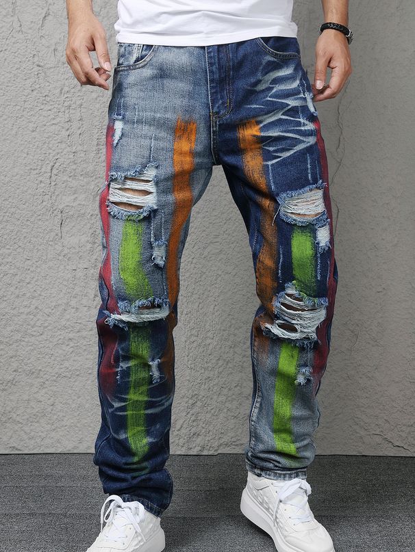 Men's Slim Fit Navy Blue Distressed Jeans – Premium Washed Denim With Handmade Paint Splatter & Knee Rips For Streetwear Look_mkmklike.com