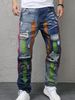 Men's Slim Fit Navy Blue Distressed Jeans – Premium Washed Denim With Handmade Paint Splatter & Knee Rips For Streetwear Look_mkmklike.com