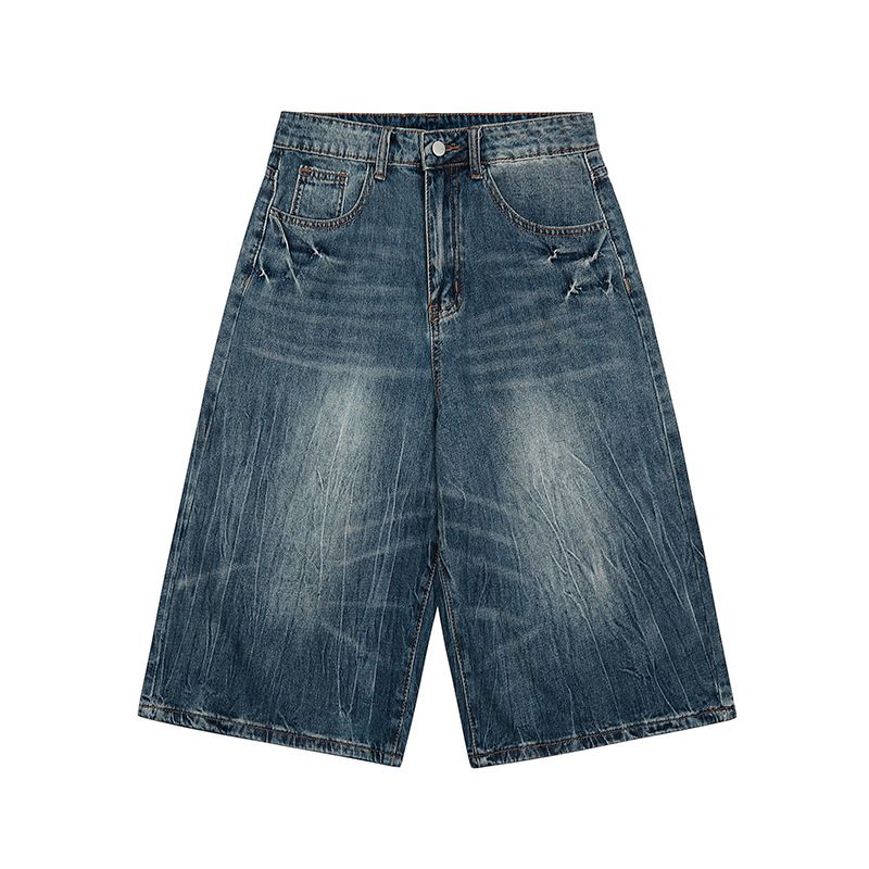 Unisex Vintage Washed Denim Shorts With Lightning Bolt Design American High Street Style Loose Fit Straight Leg Summer Shorts_mkmklike.com