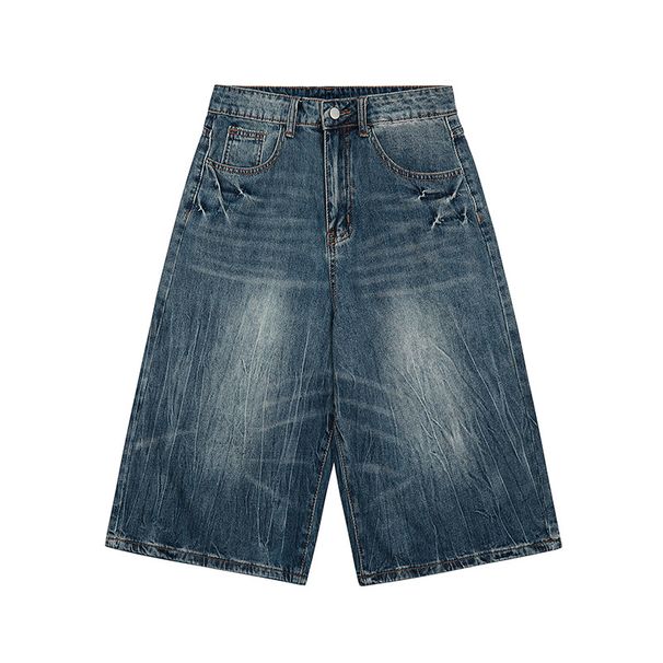 Unisex Vintage Washed Denim Shorts With Lightning Bolt Design American High Street Style Loose Fit Straight Leg Summer Shorts_mkmklike.com