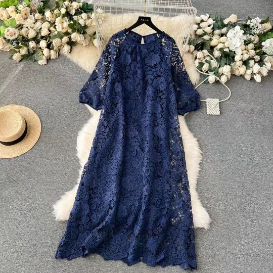 Women's hollow hook loose slim temperament dress long skirt_mkmklike.com