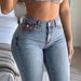 Women's American Style Low Rise Color Block Patchwork Flared Jeans Stretch Vertical Stripe Seam Washed Light Blue_mkmklike.com