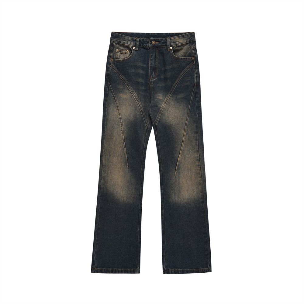 Washed Inkjet Denim Straight-Leg Men's Design Sense Split Stitching Topstitch Loose Wide-Leg Casual Pants Trendy_mkmklike.com