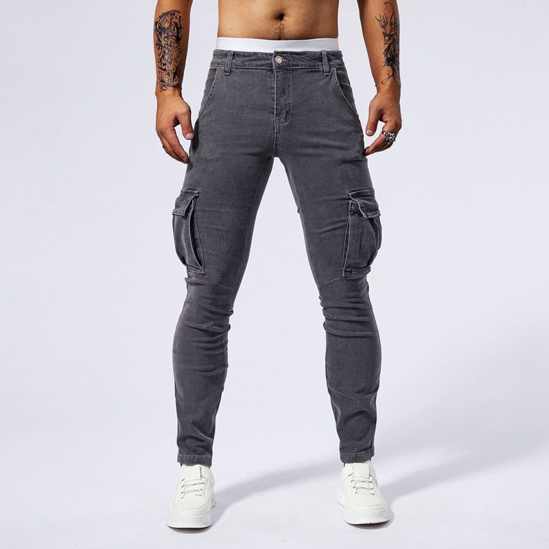 In Stock European And American Casual Cargo Side Multi-Pocket Slim Fit Jeans Men's New Style_mkmklike.com
