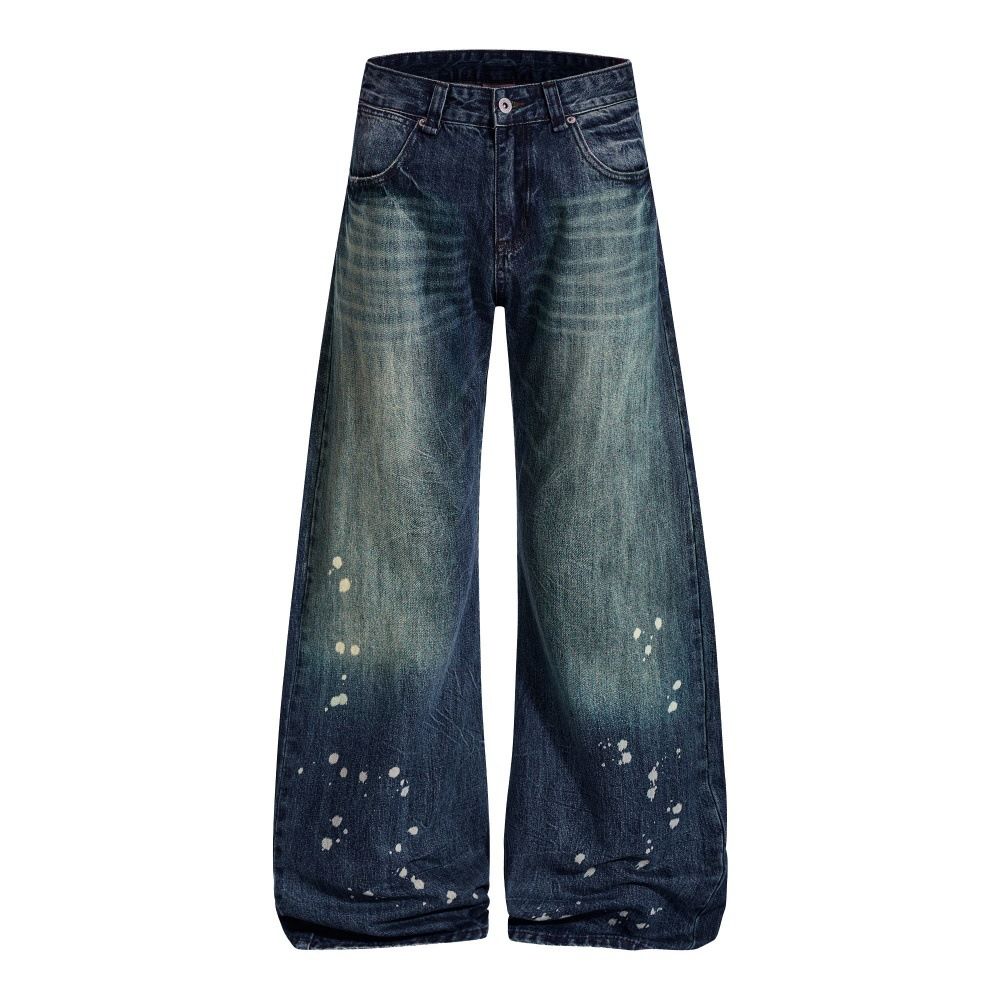 Paint Splatter Washed Denim Pants Men's High Street Trend Niche Casual Distressed Loose Wide-Leg Trousers_mkmklike.com